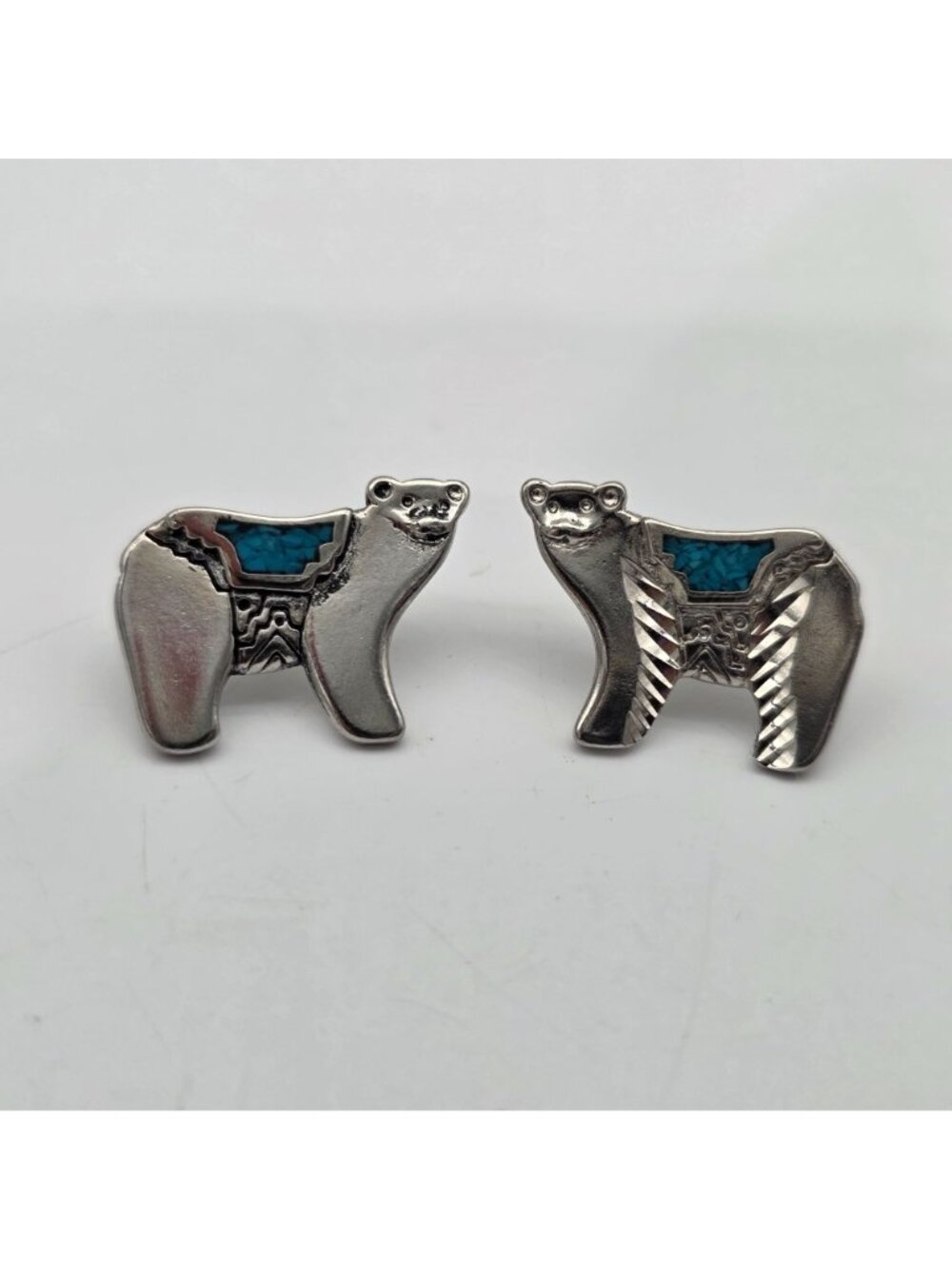 Silver Tone Bear Shaped Earrings With Turquoise Inlay Native American Style 1" - Picture 4 of 5